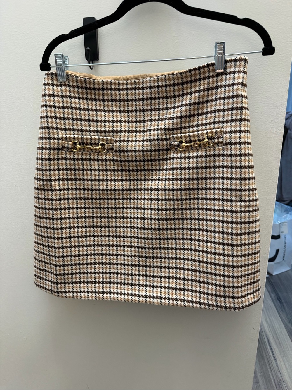 LOFT Tweed Houndstooth Mini Skirt - Brown & Cream with Gold Chain Detail